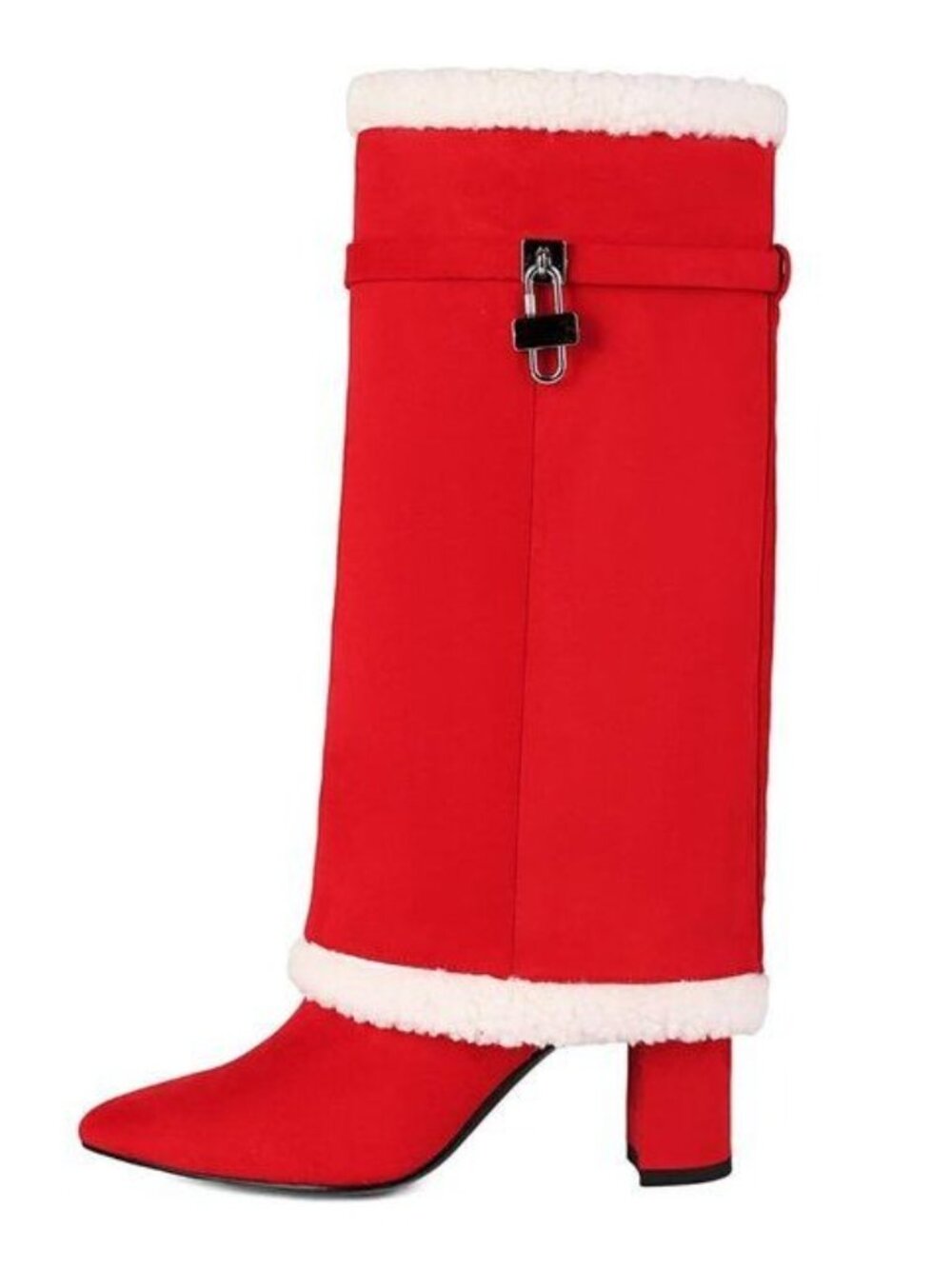 AIJIVOU Size 9.5 Boots Red Fold Over Padlock Mid Calf Pointed Toe Fur Trim